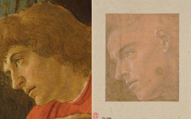 The second Oxford sheet (right) depicting a young man looking up is compared to the third onlooker on the right in Botticelli’s Adoration of the Magi in the National Gallery, Washington