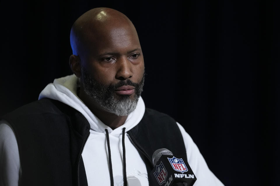 FILE - Detroit Lions general manager Brad Holmes speaks during a press conference at the NFL football scouting combine in Indianapolis, Wednesday, March 1, 2023. The NFL has suspended five players for violating the league’s gambling policy on Friday, April 21, 2023. Detroit Lions wide receiver Quintez Cephus and safety C.J. Moore and Washington Commanders defensive end Shaka Toney were suspended indefinitely, while Lions wide receivers Stanley Berryhill and Jameson Williams have been suspended six games. Holmes said in a statement that the players “exhibited decision making that is not consistent with our organizational values and violates league rules.” (AP Photo/Michael Conroy, File)