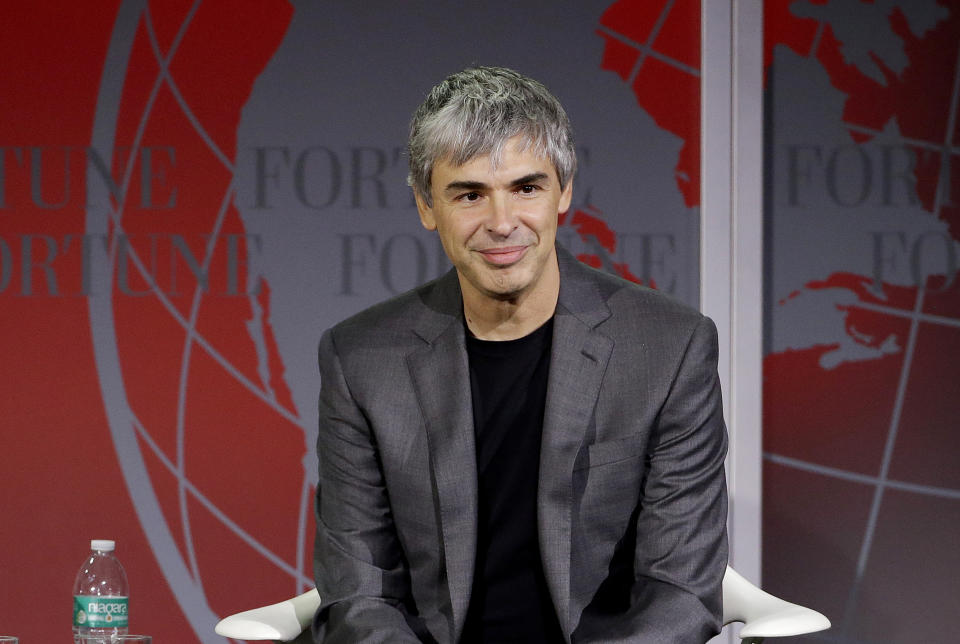 FILE - In this Nov. 2, 2015, file photo Alphabet CEO Larry Page speaks at the Fortune Global Forum in San Francisco. Google co-founders Larry Page and Sergey Brin are stepping down from their roles within the parent company, Alphabet. Page who had been serving as CEO of Alphabet, and Brin, who had been president of Alphabet, will remain on the board of the company (AP Photo/Jeff Chiu, File)