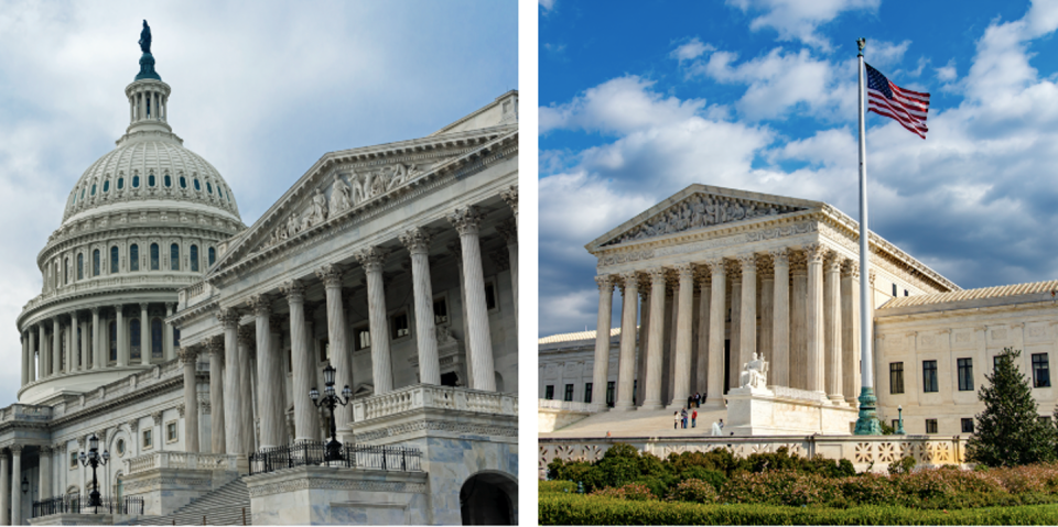 The U.S. Congress, left, tries to expand Indian sovereignty; the U.S. Supreme Court, right, has consistently been diminishing those rights over the past 50 years. The Capitol: iStock / Getty Images Plus; the Supreme Court: Mike Klein, Getty Images