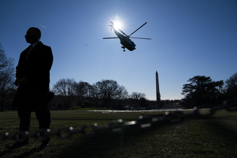 Marine One carrying President Joe Biden takes off from the South Lawn of the White House, Tuesday, Jan. 11, 2022, in Washington. (AP Photo/Evan Vucci)