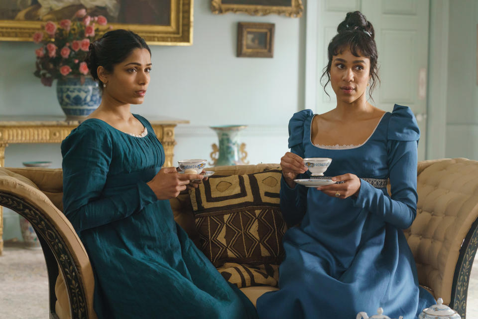 Zawe Ashton (right) with Freida Pinto in “Mr. Malcolm’s List.”