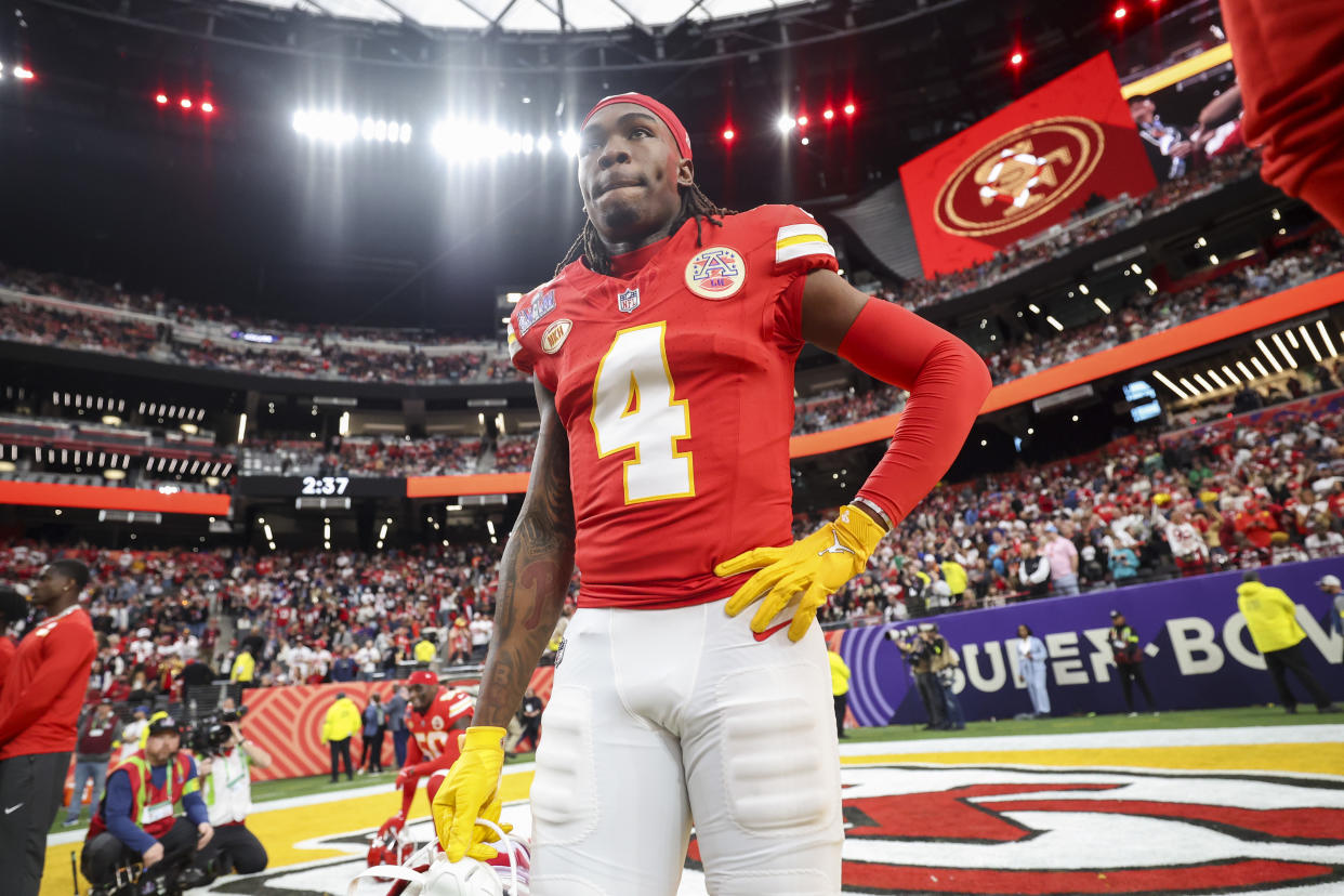 LAS VEGAS, NV - FEBRUARY 11: Rashee Rice #4 of the Kansas City Chiefs prior to Super Bowl LVIII against the San Francisco 49ers at Allegiant Stadium on February 11, 2024 in Las Vegas, NV. (Photo by Perry Knotts/Getty Images)