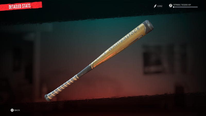 A baseball bat is displayed in the Dead Island 2 inventory.