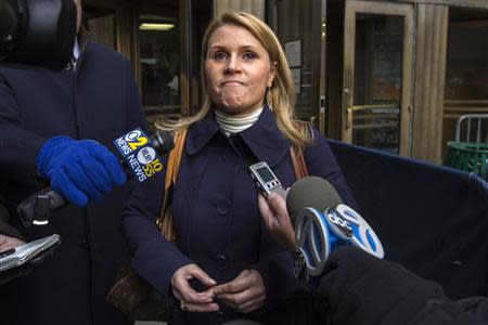 Genevieve Sabourin, the woman accused of stalking actor Alec Baldwin, speaks to the media during a break in her trial at Manhattan Criminal court in New York in this file photo taken November 12, 2013. REUTERS/Lucas Jackson/Files