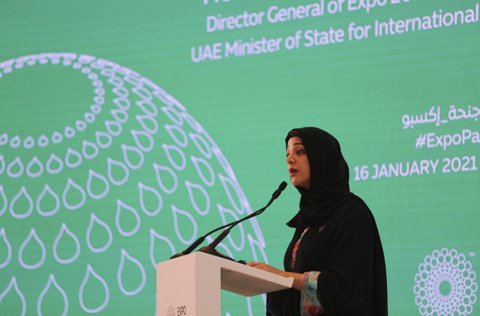 Reem Ebrahim Al-Hashimi, Emirati Minister of State and Managing Director for the Dubai World Expo, delivers her speech during a media tour to visit Terra, The Sustainability Pavilion at the Dubai World Expo site in Dubai, United Arab Emirates, Saturday, Jan. 16, 2021. With the inauguration of Expo 2020 Dubai, the next world's fair, nine months away amid the raging global pandemic that forced its postponement, organizers unveiled the site's signature pavilion to reporters for the first time on Saturday. (AP Photo/Kamran Jebreili)