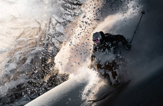 Josh Absenger goes for some snappy jump turns to get that snow flying. The backlight finishes the job. Flachauwinkl, Austria.<p>Photo: Christoph Johann</p>