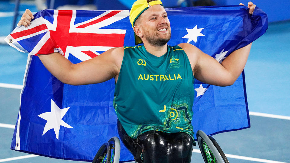 Dylan Alcott, pictured here after winning gold at the Tokyo Paralympics. 