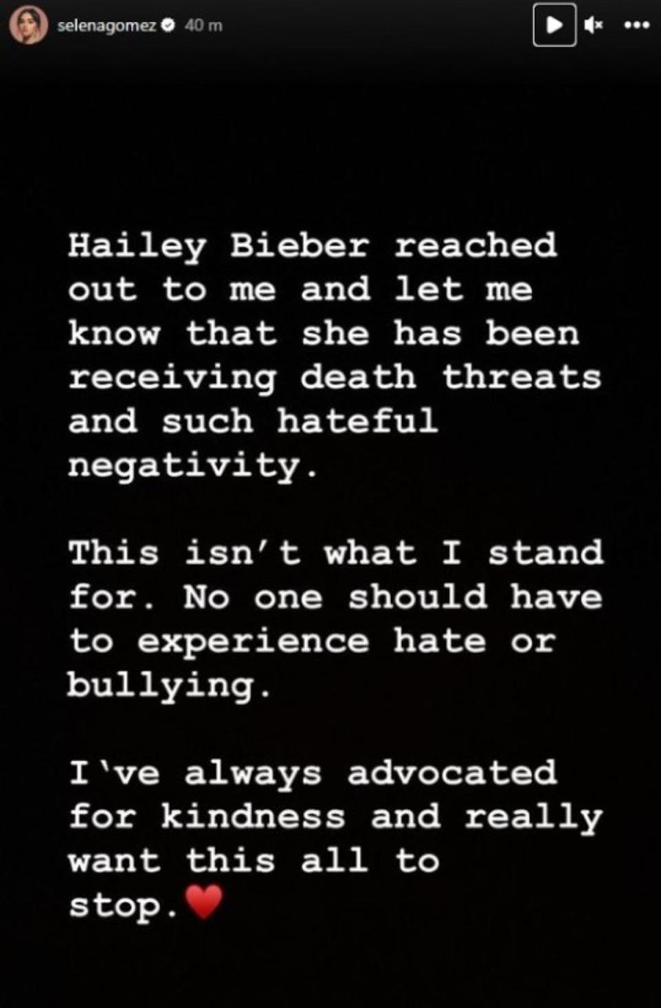 Selena Gomez urged her followers to stop sending Hailey Bieber hateful messages (Instagram/Selena Gomez)