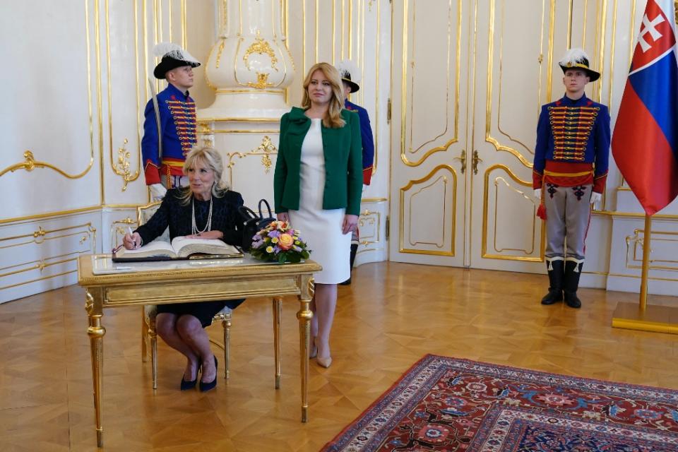 Jill Bideb and Zuzana Caputova, President of Slovakia, meet at the Presidential Palace in Bratislava, Slovakia on May 9, 2022. - Credit: AP Photo/Susan Walsh, Pool