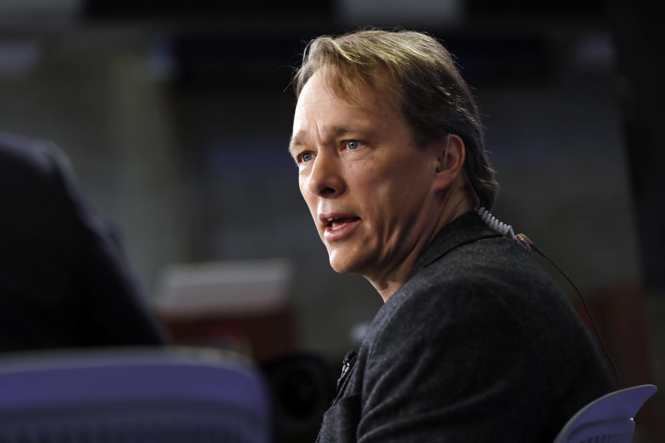 Canopy founder, Chairman & co-CEO Bruce Linton is interviewed on the floor of the New York Stock Exchange, Thursday, March 7, 2019. (AP Photo/Richard Drew)