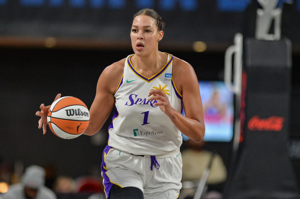 COLLEGE PARK, GA  MAY 11: Los Angeles center Liz Cambage (1) brings the ball up the court during the WNBA game between the Los Angeles Sparks and the Atlanta Dream on May 11th, 2022 at Gateway Center Arena in College Park, GA. (Photo by Rich von Biberstein/Icon Sportswire via Getty Images)