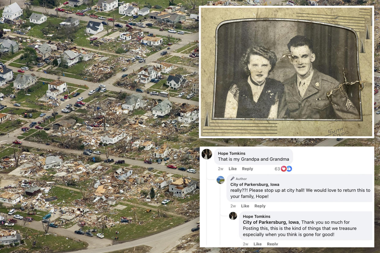 The tornados destruction path with insets of the wedding photo and the Facebook post.