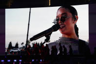 H.E.R. appears onscreen during "Vax Live: The Concert to Reunite the World" on Sunday, May 2, 2021, at SoFi Stadium in Inglewood, Calif. (Photo by Jordan Strauss/Invision/AP)