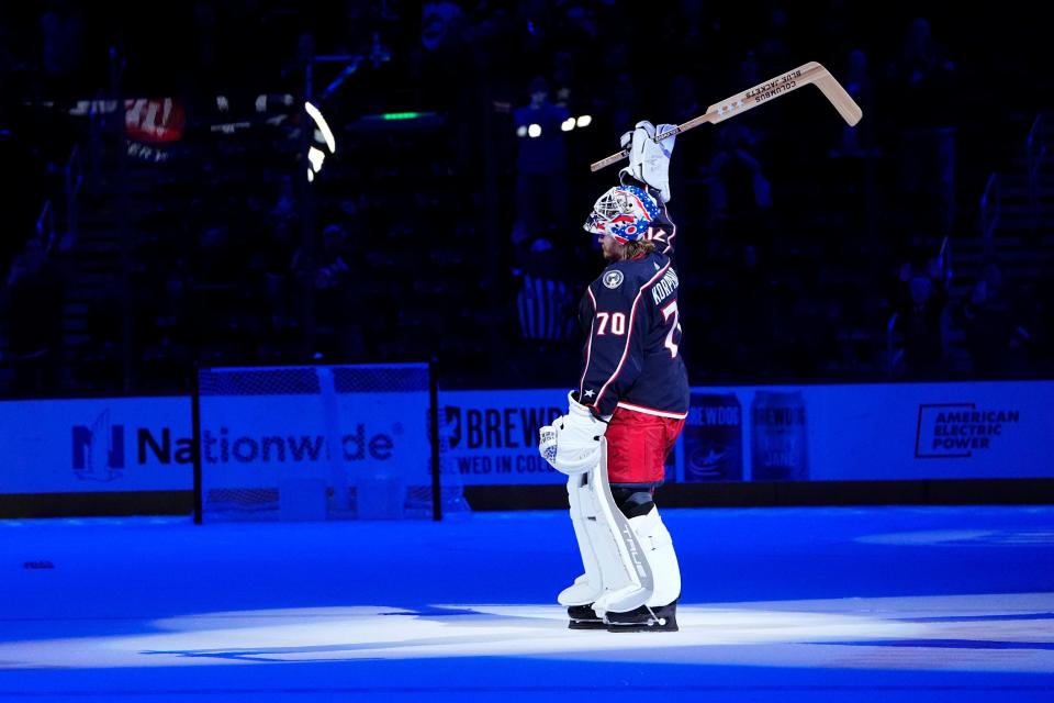 Feb 16, 2023; Columbus, Ohio, USA;  Columbus Blue Jackets goaltender Joonas Korpisalo (70) is named the game’s first star following the 3-1 win in the NHL hockey game against the Winnipeg Jets at Nationwide Arena. Mandatory Credit: Adam Cairns-The Columbus Dispatch