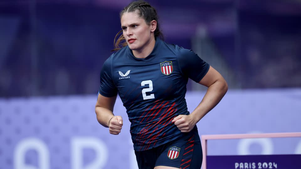 US women’s rugby center Ilona Maher helped Team USA win a bronze medal Tuesday in the rugby sevens competition against Australia in the 2024 Paris Games. - Christophe Petit Tesson/EPA-EFE/Shutterstock