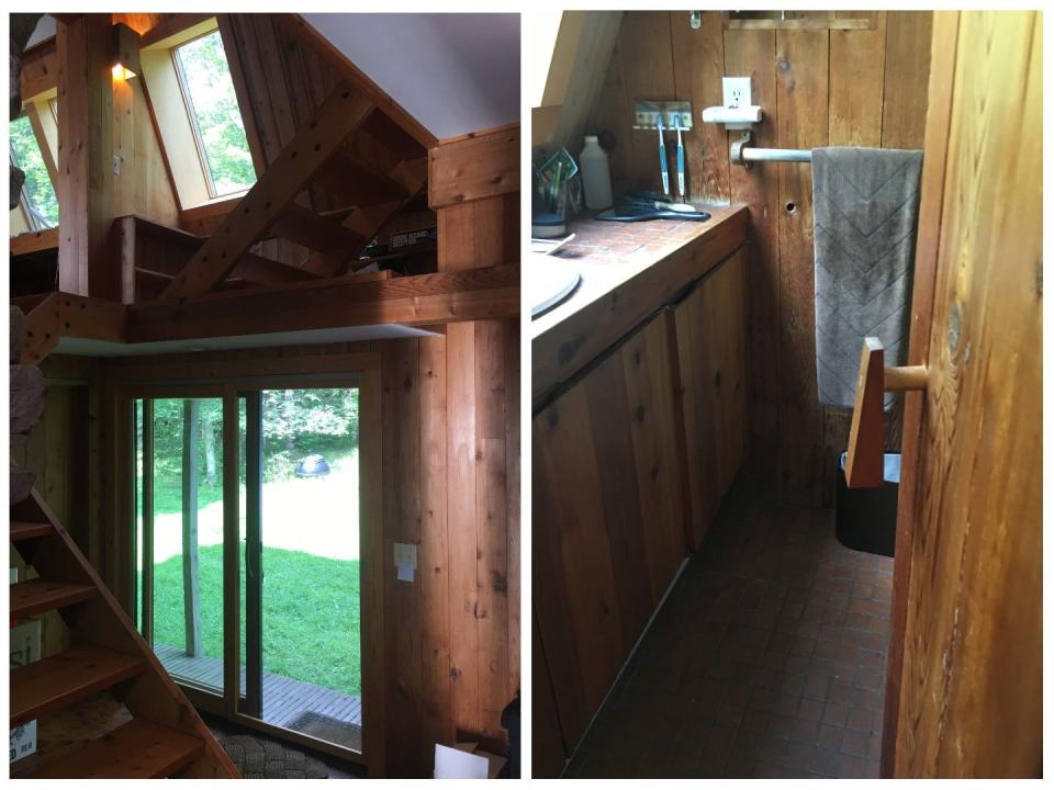 On the left, a picture of the cabin and skylights. On the left, an old, wooden, shabby bathroom.
