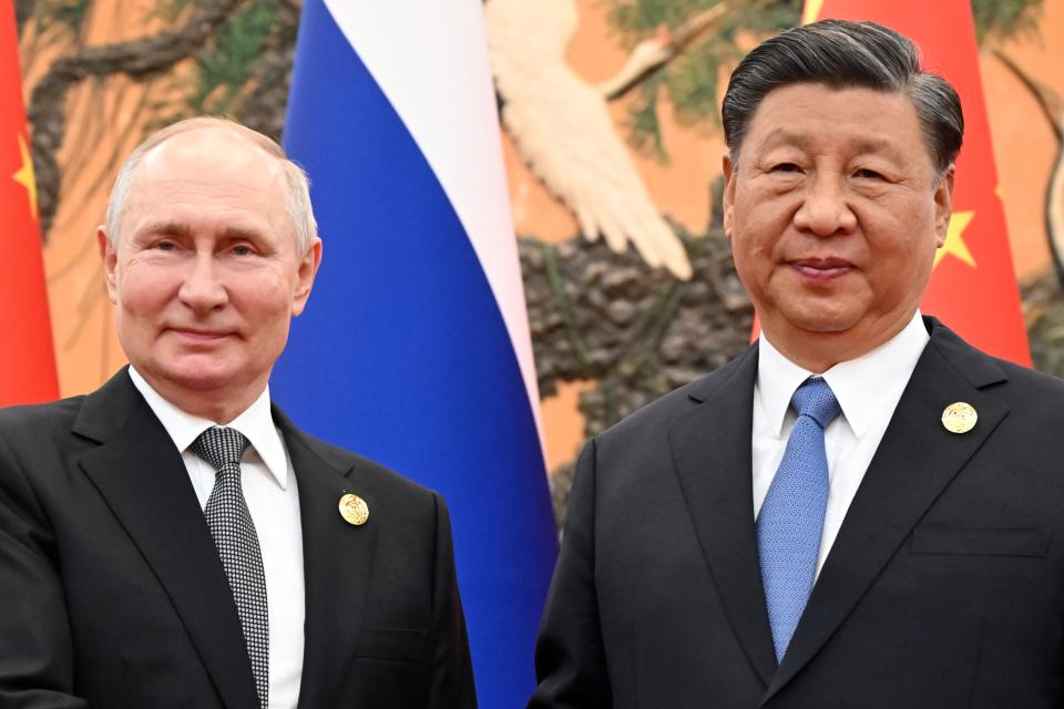 Chinese President Xi Jinping, right, and Russian President Vladimir Putin pose for a photo prior to their talks on the sidelines of the Belt and Road Forum in Beijing, China, on Wednesday, Oct. 18, 2023. (Sergei Guneyev, Sputnik, Kremlin Pool Photo via AP)