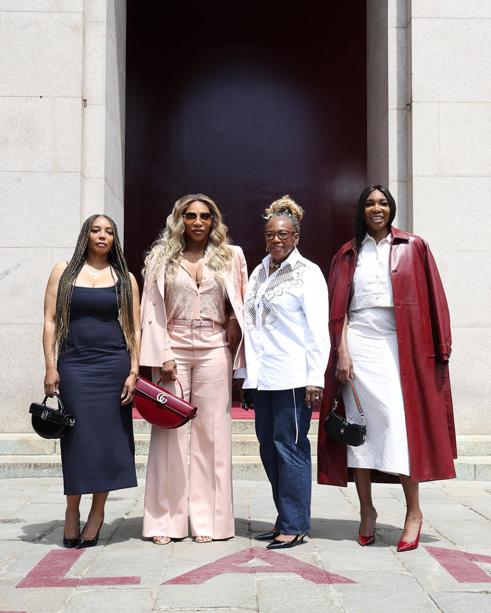 L to R: Lyndrea Price, Serena Williams,  Oracene Price and Venus Williams attend the Gucci spring 2025 menswear fashion show on June 17 in Milan, front row