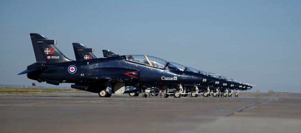 CT-155 Hawk aircraft lined up at 15 Wing Moose Jaw, Sask.