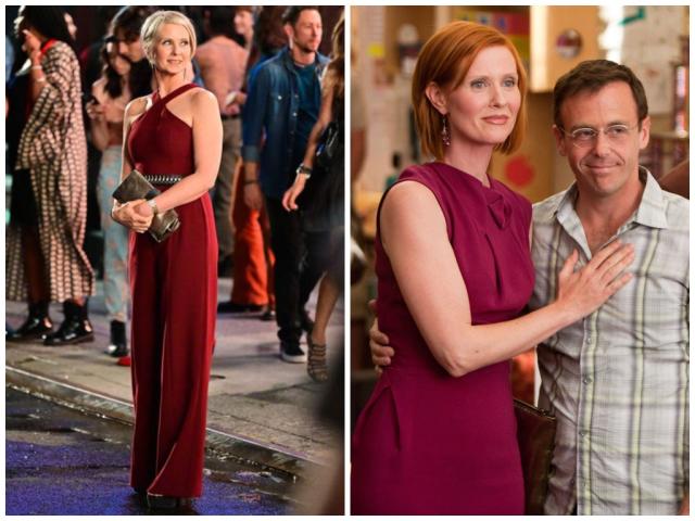 Miranda usando rojo en AJLT (izquierda) y en la segunda pel&#xed;cula de SATC (derecha) (HBO/New Line Cinema)
