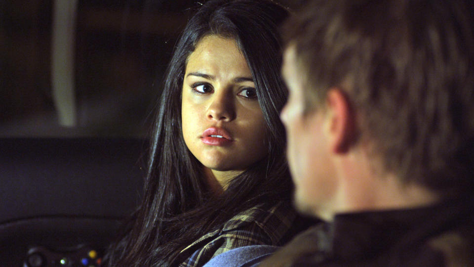 Selena Gomez looks worried during a scene in "Getaway"