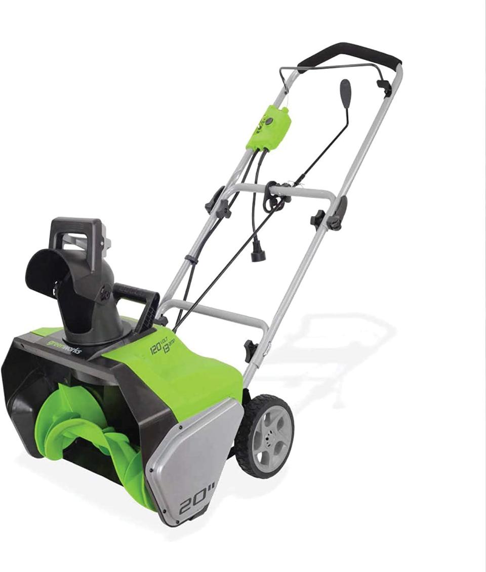 Save on the Greenworks 13 Amp 20-Inch Corded Snow Thrower. Image via Amazon.