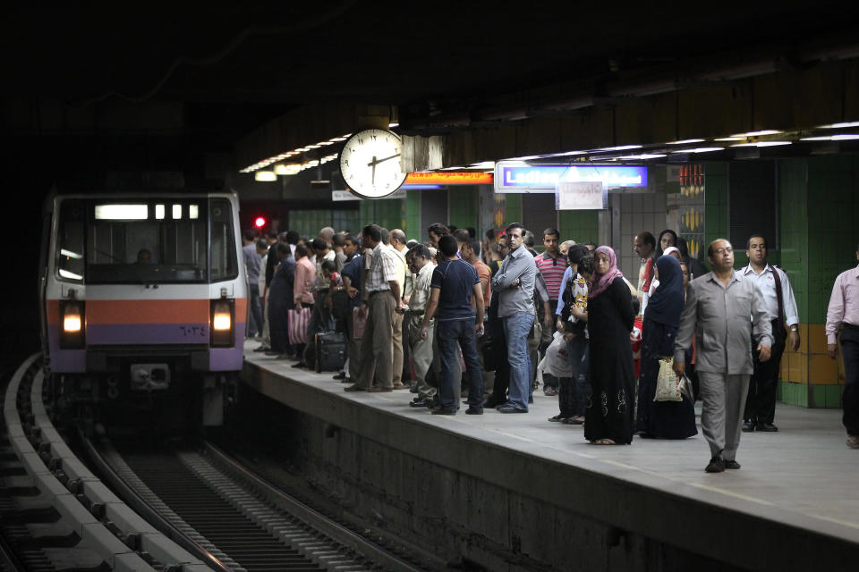 <p><b>Cairo Metro</b> The Cairo Metro in Egypt is the first of only two full-fledged metro systems in Africa, and the Arab World. The system consists of three operational lines. On all Cairo metro trains, the middle two cars (4th and 5th) of each train are reserved for women (the 5th car becomes a mixed use after 21:00). These cars are used as an option for women who do not wish to ride with men in the same car; however, women can still ride other cars freely. As of 2011, the metro carried nearly 4 million passengers per day.</p> (Photo by Peter Macdiarmid/Getty Images)