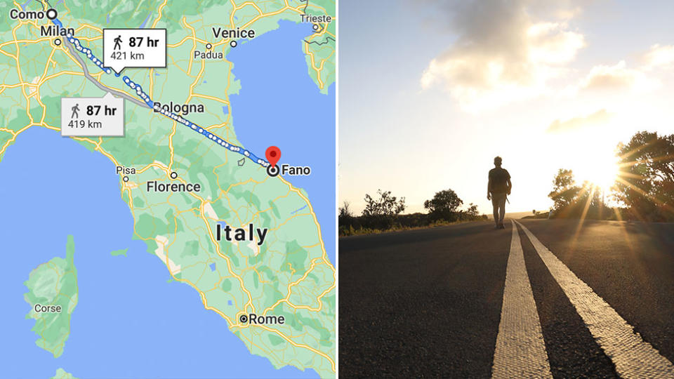 A man has walked more than 400km over a week, following an argument with his wife. Source: Google Maps/Getty Images