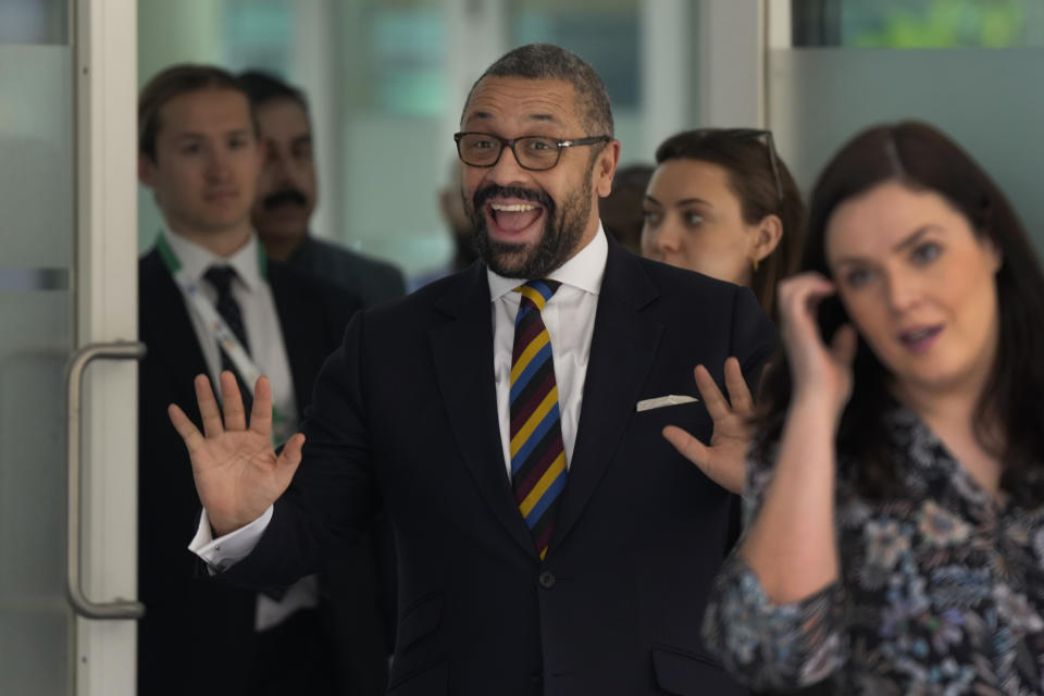British Foreign Secretary James Cleverly leaves after visiting Research and Innovation Park in Indian Institute of Technology, in New Delhi, India, Wednesday, March 1, 2023. Cleverly is in New Delhi to attend G20 foreign minister's meeting. (AP Photo/Manish Swarup)