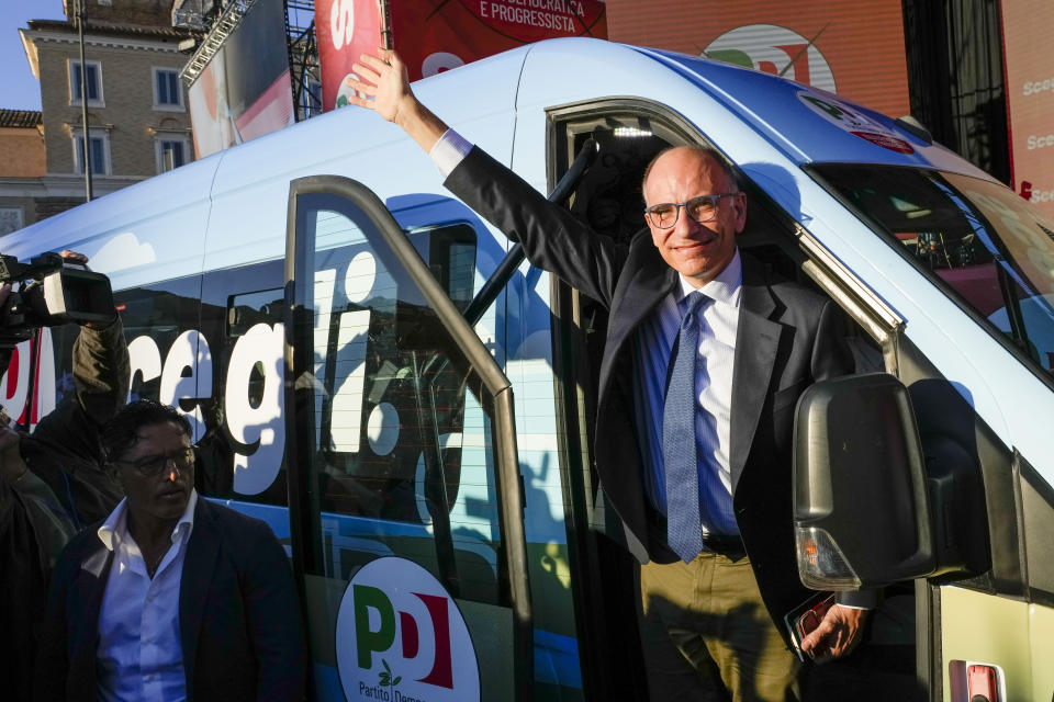 Democratic Party leader Enrico Letta arrives at the party's final rally ahead of Sunday's election in Rome, Friday, Sept. 23, 2022. Italians vote on Sunday for a new Parliament, and they could elect their first far-right premier of the post-war era. If opinion polls hold, Giorgia Meloni could be that premier, as well as become the first woman to lead an Italian government. (AP Photo/Alessandra Tarantino)