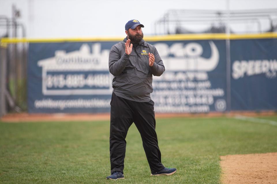Rock Valley College head softball coach Darin Monroe reacts to a play on Tuesday, April 26, 2022, at Rock Valley College in Rockford.