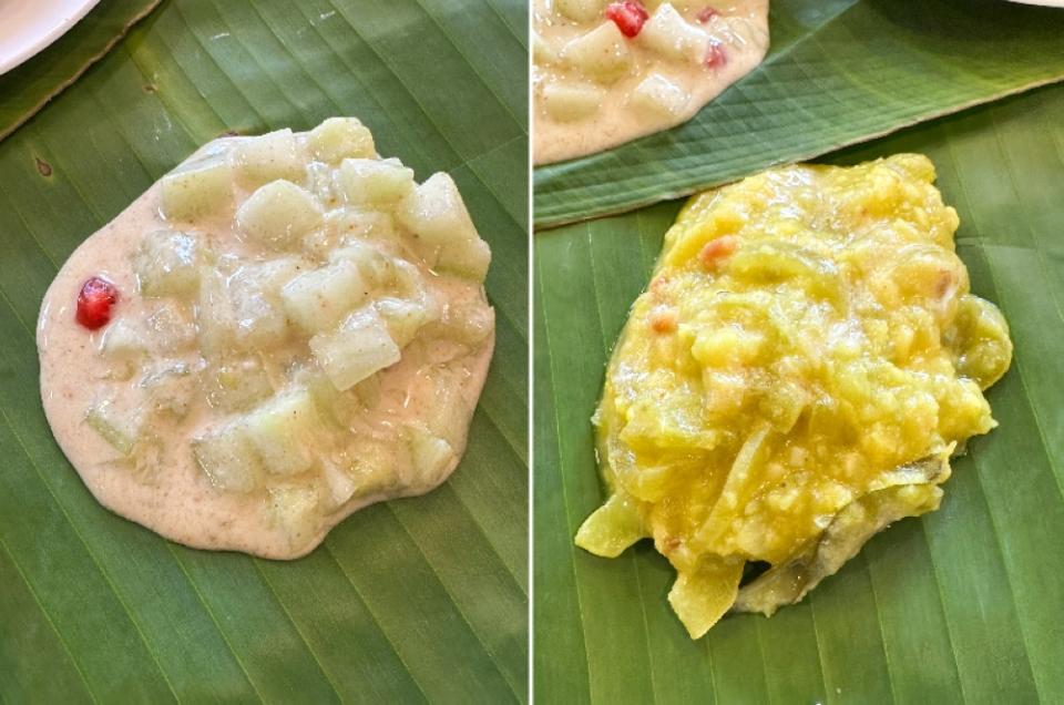 Cucumber 'raita' is done differently here with pomegranate seeds and a creamier yoghurt (left). Creamy snake gourd 'kottu' with 'dal' will have you eating all your vegetables (right)