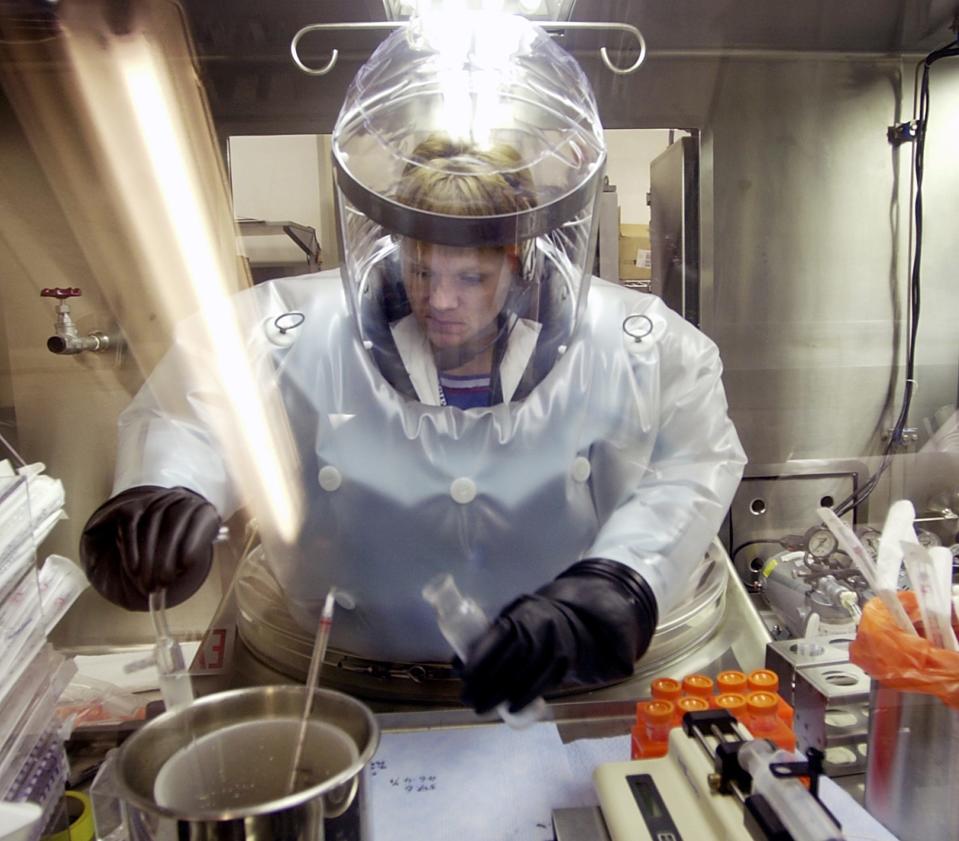 Microbiologist Ruth Bryan at work at Dugway Proving Grounds in 2003.