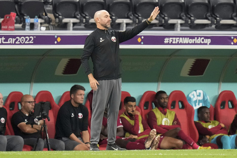 Qatar's head coach Felix Sanchez gestures during the World Cup group A soccer match between Qatar and Ecuador at the Al Bayt Stadium in Al Khor ,Qatar, Sunday, Nov. 20, 2022. (AP Photo/Darko Bandic)