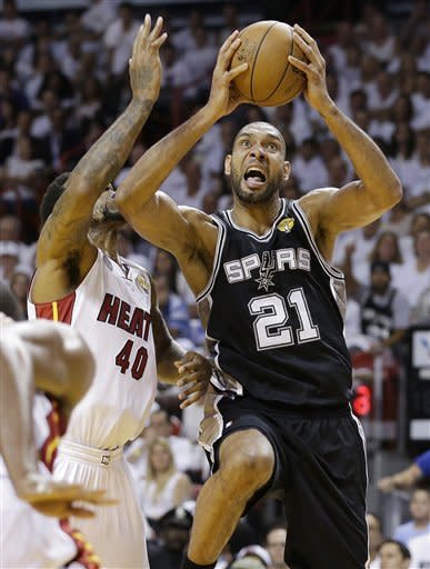 Tim Duncan missed 10 of 13 shots in Sunday's blowout in Miami. (AP) 