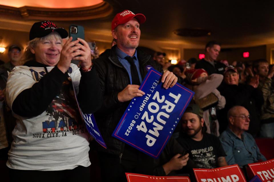 Supporters of former President Donald Trump turn out Sunday, October 29, 2023 at the Orpheum Theatre in Sioux City, Iowa, for his campaign stop.