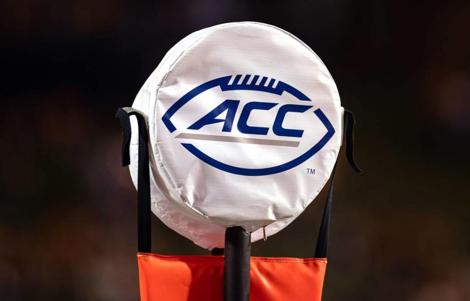 A detailed view of the ACC logo on the down marker used during the game between William & Mary and Virginia in 2021.