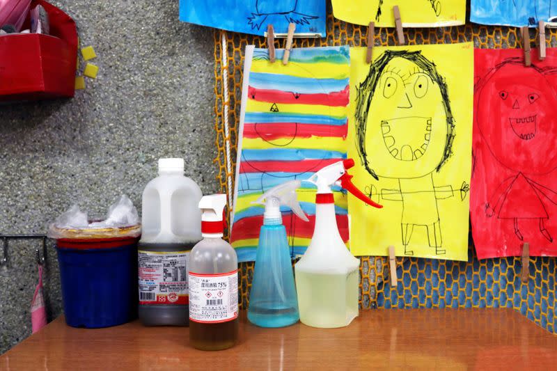 Cleaning products are seen inside a classroom at Dajia Elementary school in Taipei