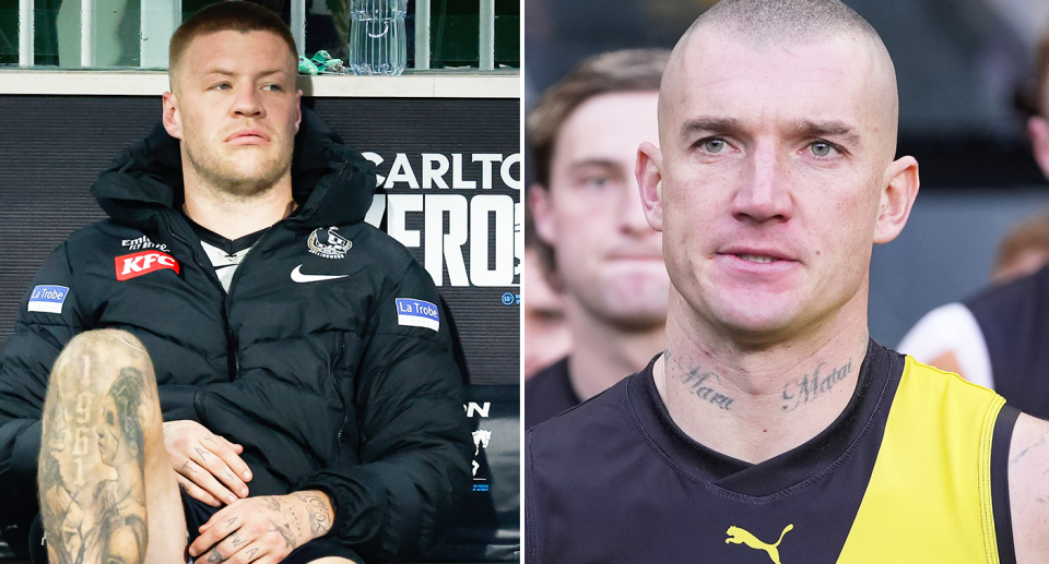 Collingwood's Jordan de Goey has been ruled out for the rest of the AFL season while the future of Richmond superstar Dustin Martin remains unclear beyond his side's final three games. Pic: Getty