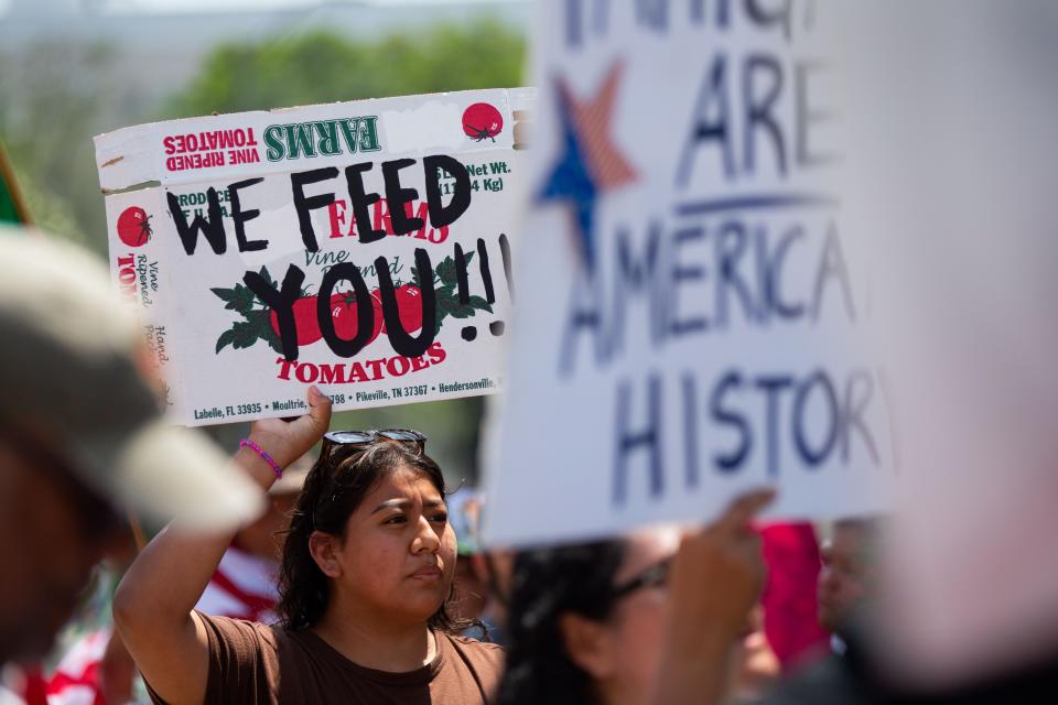 More than 100 immigrants and allies peacefully protested in opposition of SB1718 in front of the Historic Florida Capitol on Friday, June 30, 2023. 