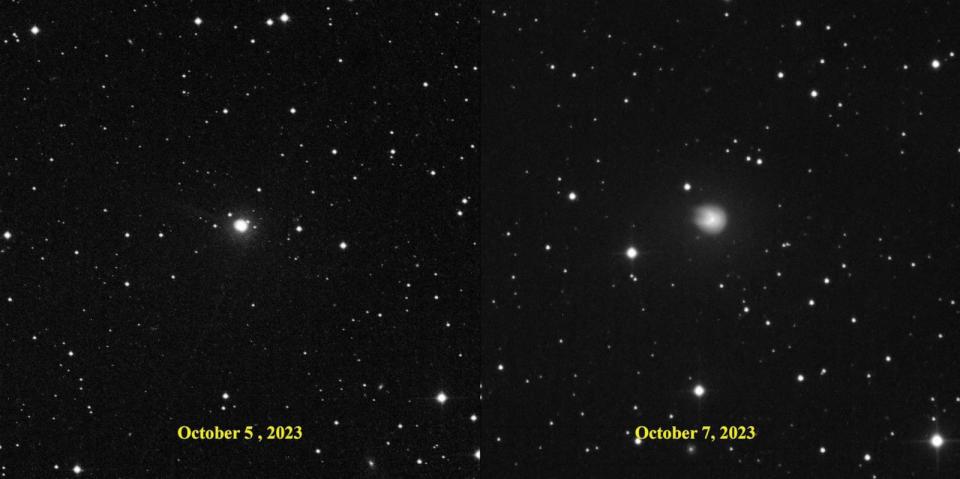 PHOTO: Images captured show a tail on the comet 12P/Pons-Brooks on October 5, 2023 (left) and the tail absent by October 7 (right). (Eliot Herman)