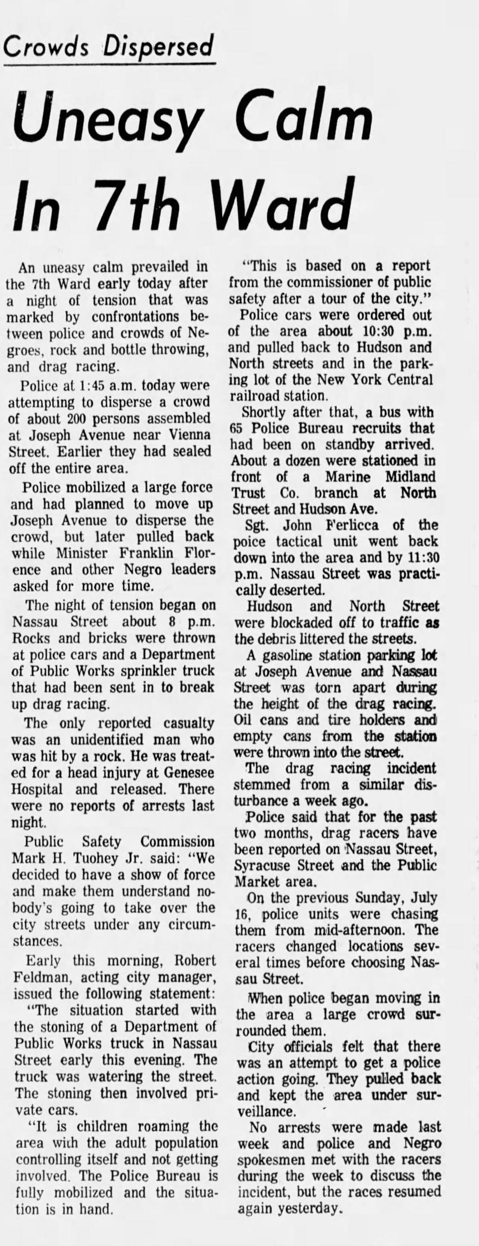 A Democrat and Chronicle story from July 24, 1967, after racial violence was mostly averted.