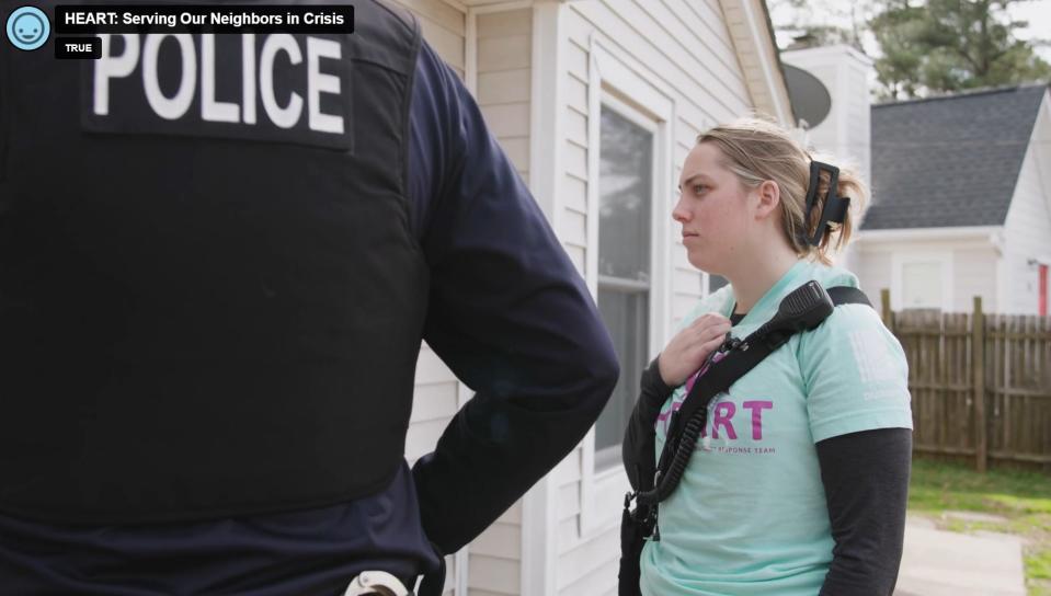 A member of the Durham Community Response Team responds to a call with a Durham Police officer in this screenshot from the documentary, HEART: Serving Our Neighbors in Crisis. Manty advocates for the the city of Fayetteville's Office of Community Safety, which is still in development stages, hope it will serve a similar function as the Durham program.