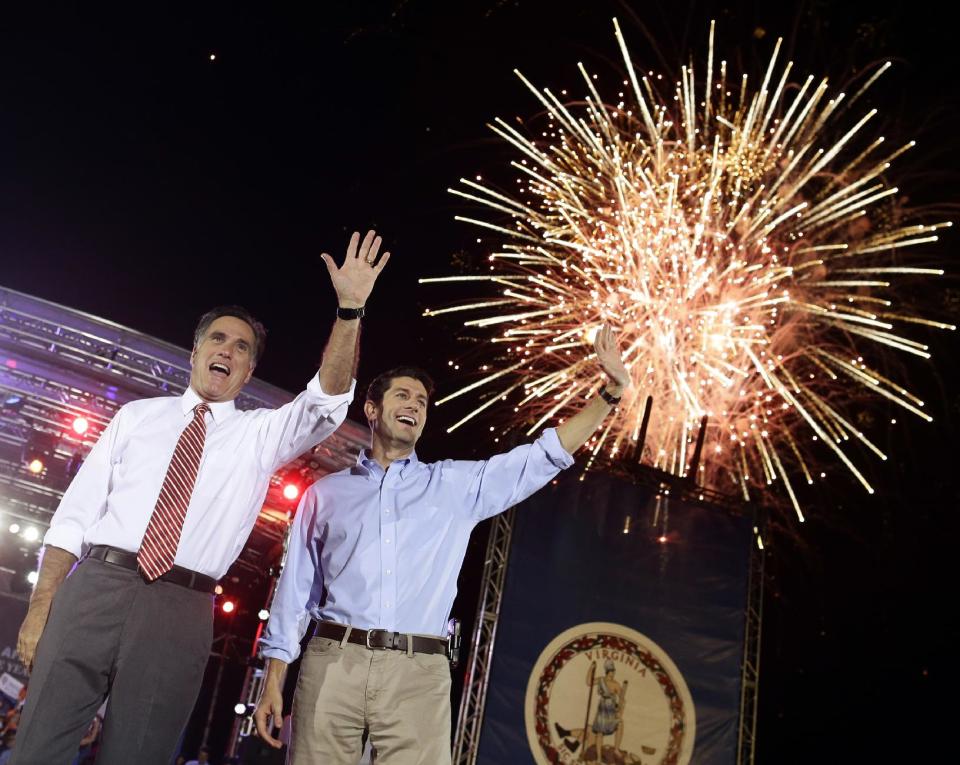 Republican presidential candidate and former Massachusetts Gov. Mitt Romney campaigns with vice presidential candidate Paul Ryan in Fishersville, Va., Thursday, Oct. 4, 2012. (AP Photo/Charles Dharapak)