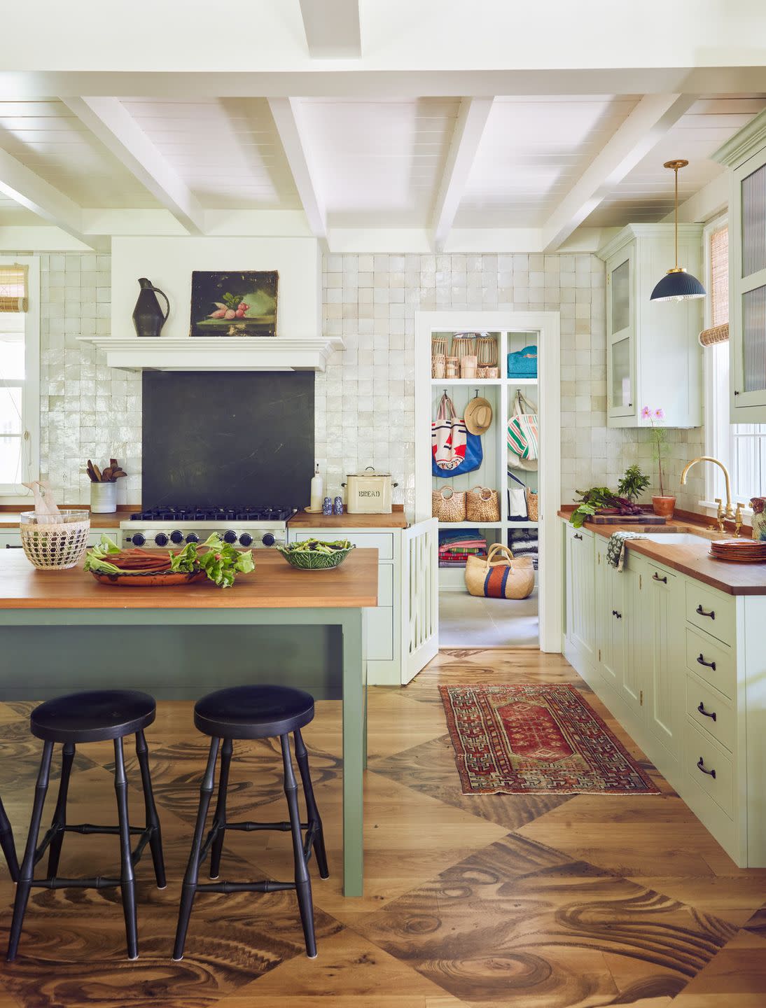 veronica beard nantucket kitchen glazed tile backsplash wood countertops