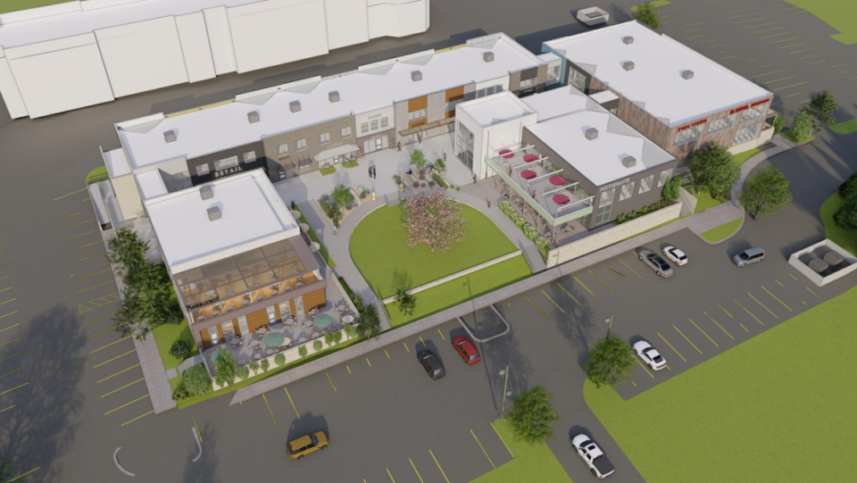 A rendering of the mixed-use development planned for Zorn Avenue and River Road shows multiple restaurants and shops as well as office space.