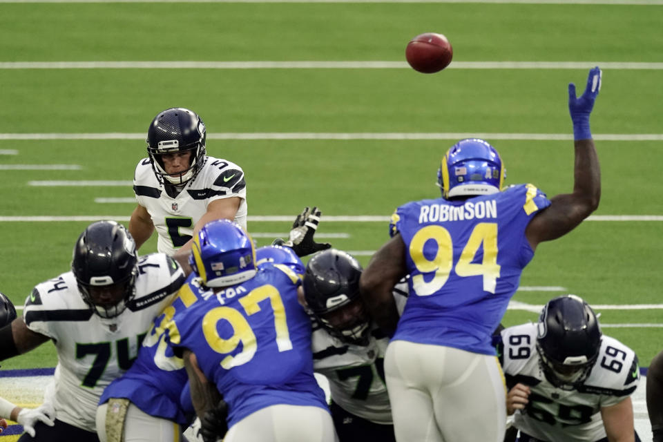 Seattle Seahawks kicker Jason Myers (5) makes a 61-yard field goal during the second half of an NFL football game against the Los Angeles Rams, Sunday, Nov. 15, 2020, in Inglewood, Calif. (AP Photo/Jae C. Hong)