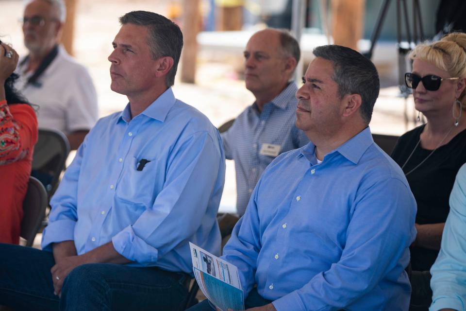 U.S. Sens. Martin Heinrich, left, and Ben Ray Lujan, both D-N.M., meet with officials from the U.S. Department of Agriculture Rural Development and members of the Lower Rio Grande Public Water Works Authority at Lower Rio Grande Public Water Works Authority in Berino, N.M., on Tuesday, Aug. 16, 2022.