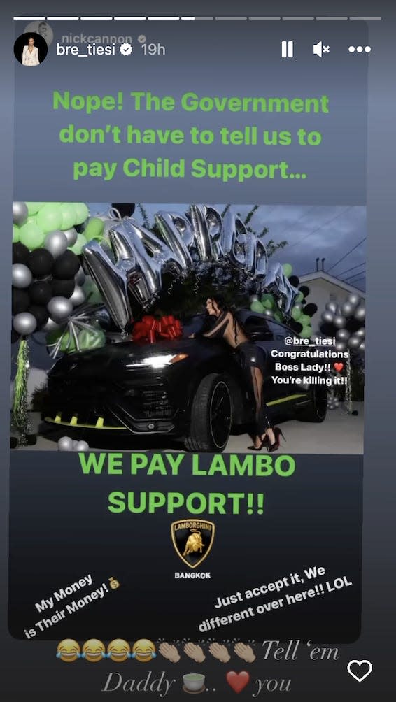 A screenshot of Bre Tiesi's reposting of Nick Cannon's Instagram story where Bre Tiesi is shown leaning over a black Lamborghini that is covered in birthday balloons.